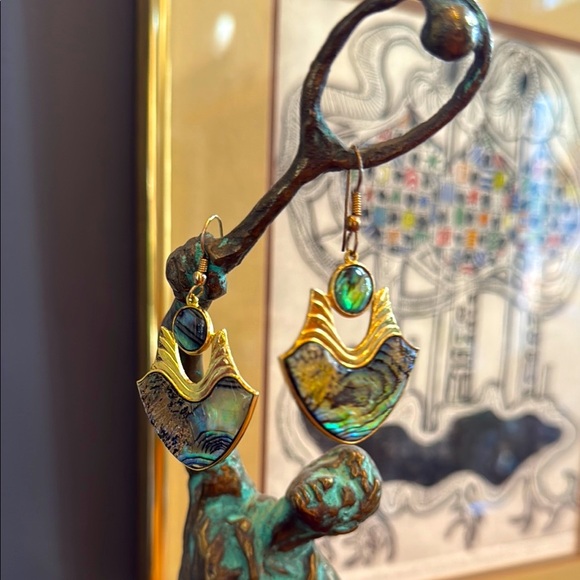 Vintage Gold coloured abalone mother of pearl earrings @ Vuri stamped - Picture 4 of 17